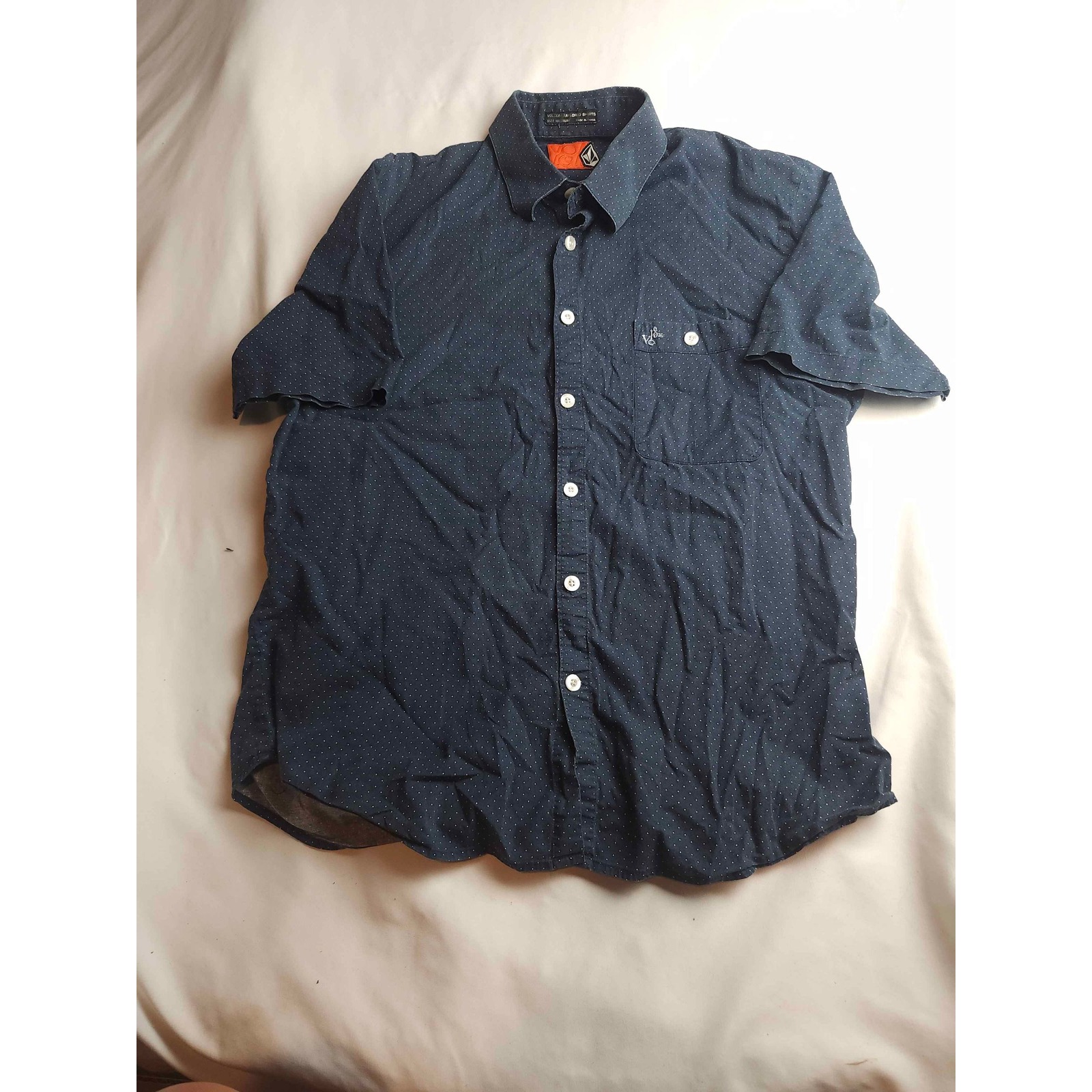 Volcom Tailored Shirt Men's Navy Blue Polka Dot Button-Up Short Sleeve - Medium